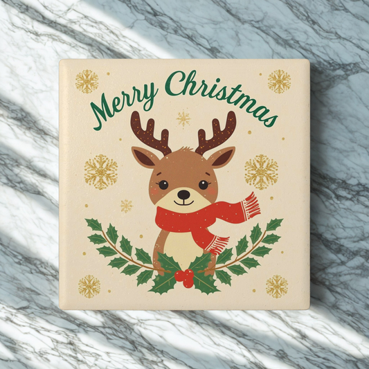 Christmas Reindeer Ceramic Coaster — Cute Holiday Drink Coaster