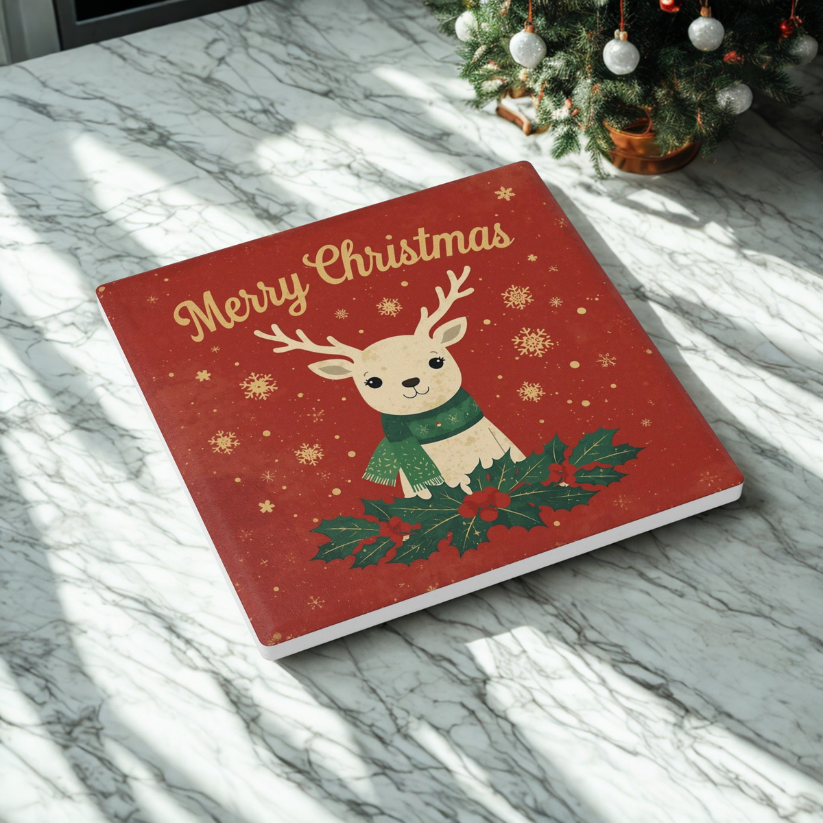 Ceramic Coaster — Merry Christmas Reindeer Holiday Drink Coaster