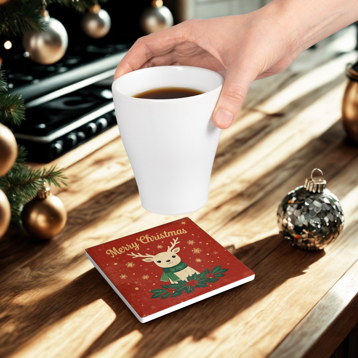 Ceramic Coaster — Merry Christmas Reindeer Holiday Drink Coaster