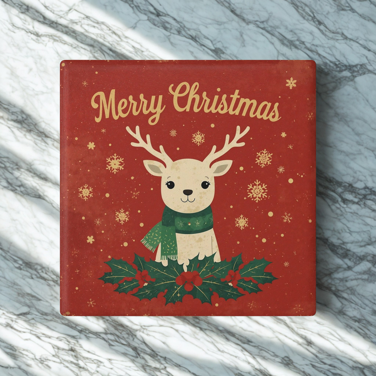 Ceramic Coaster — Merry Christmas Reindeer Holiday Drink Coaster