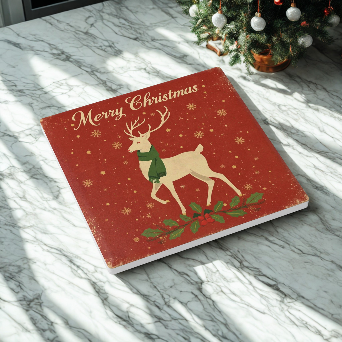 Vintage Christmas Ceramic Coaster — Holiday Drink Coaster with Reindeer