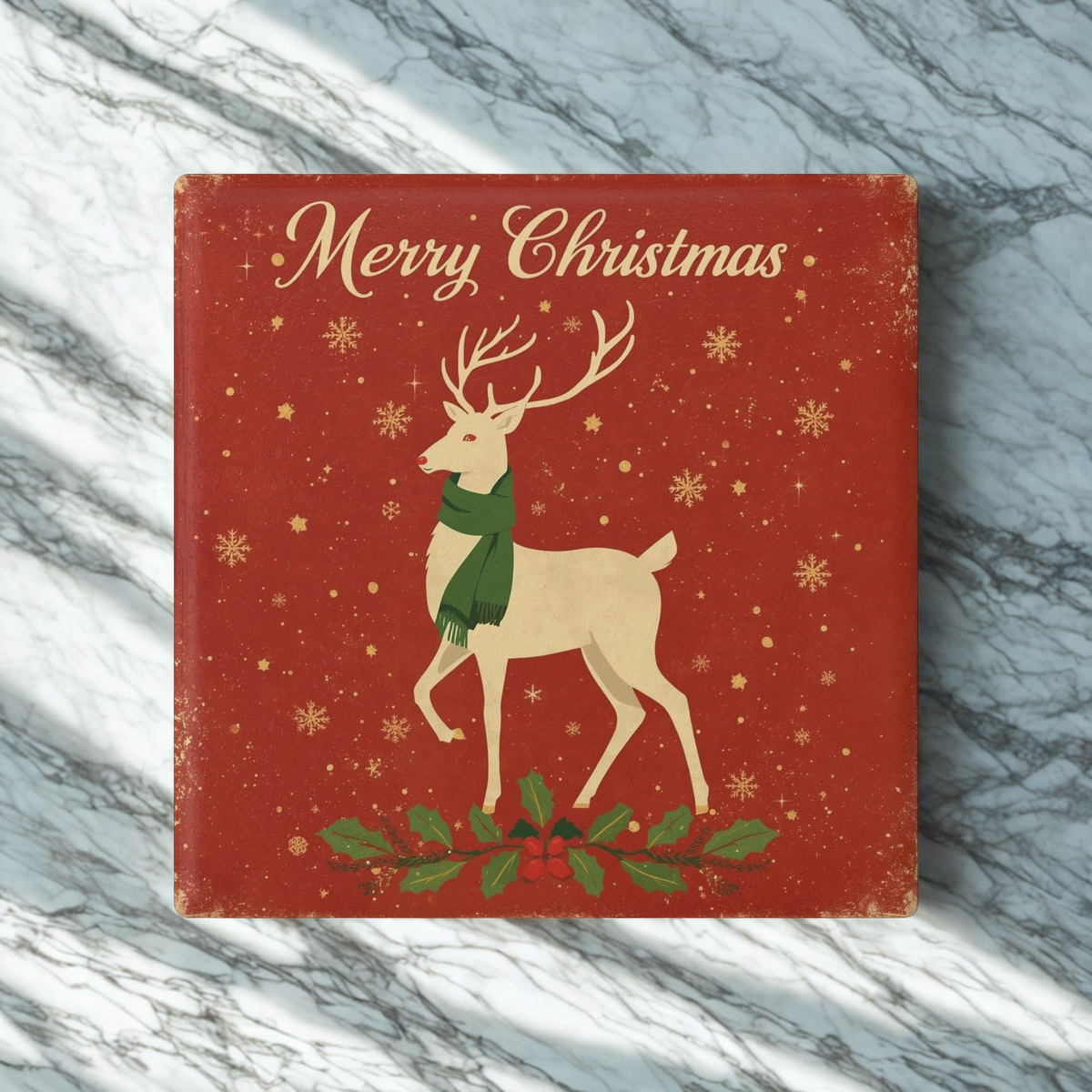 Vintage Christmas Ceramic Coaster — Holiday Drink Coaster with Reindeer