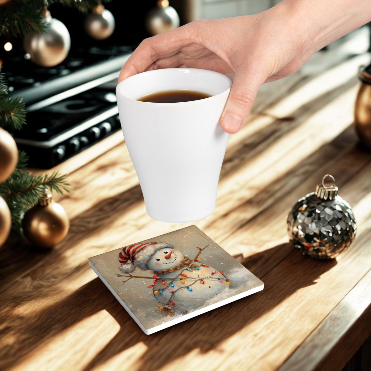 Vintage Christmas Coaster, Snowman Holiday Ceramic Coaster