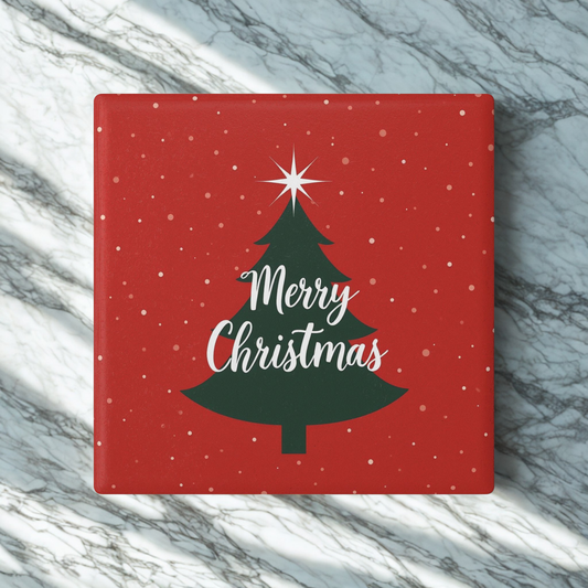 Christmas Tree Ceramic Coaster — "Merry Christmas" Holiday Drink Coaster