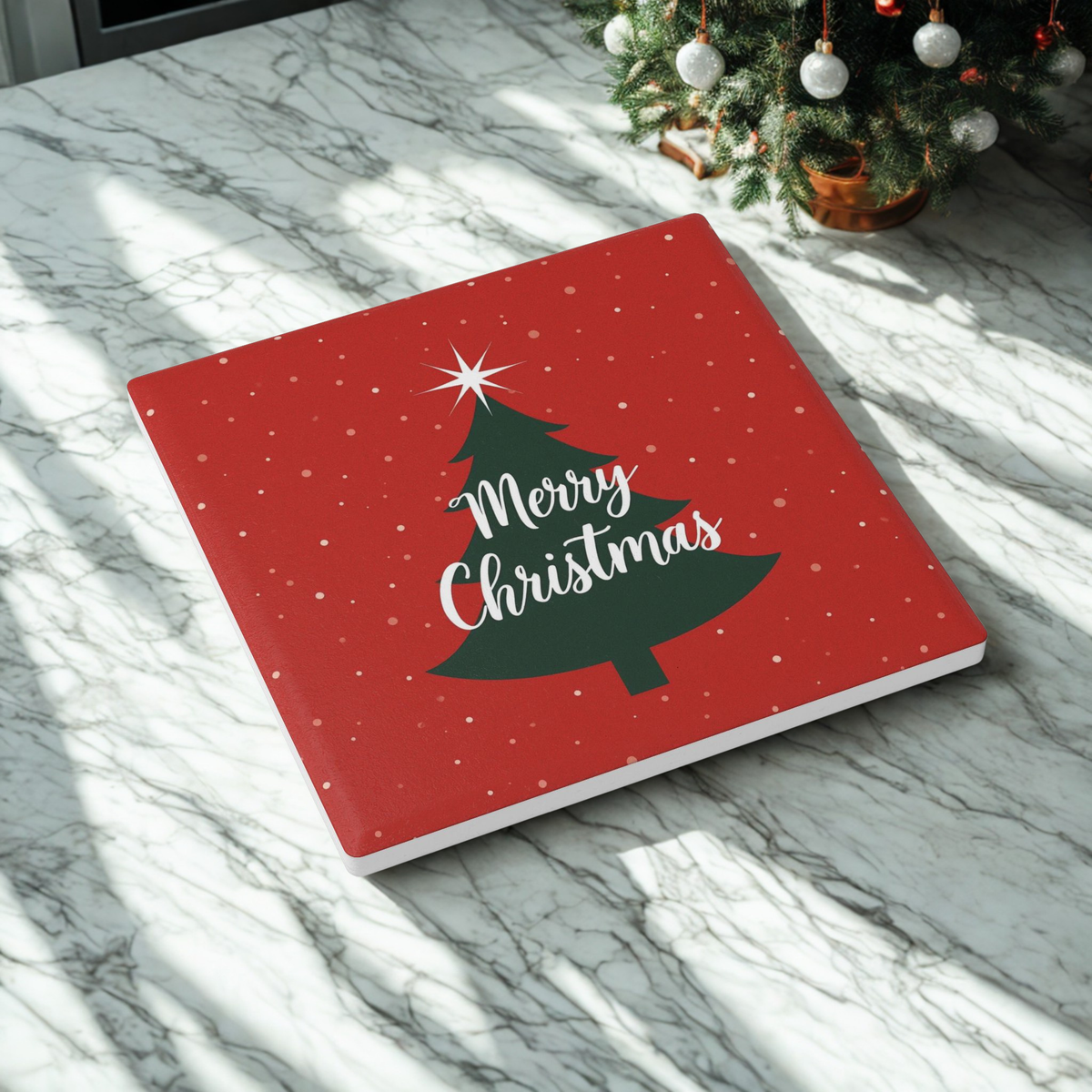 Christmas Tree Ceramic Coaster — "Merry Christmas" Holiday Drink Coaster