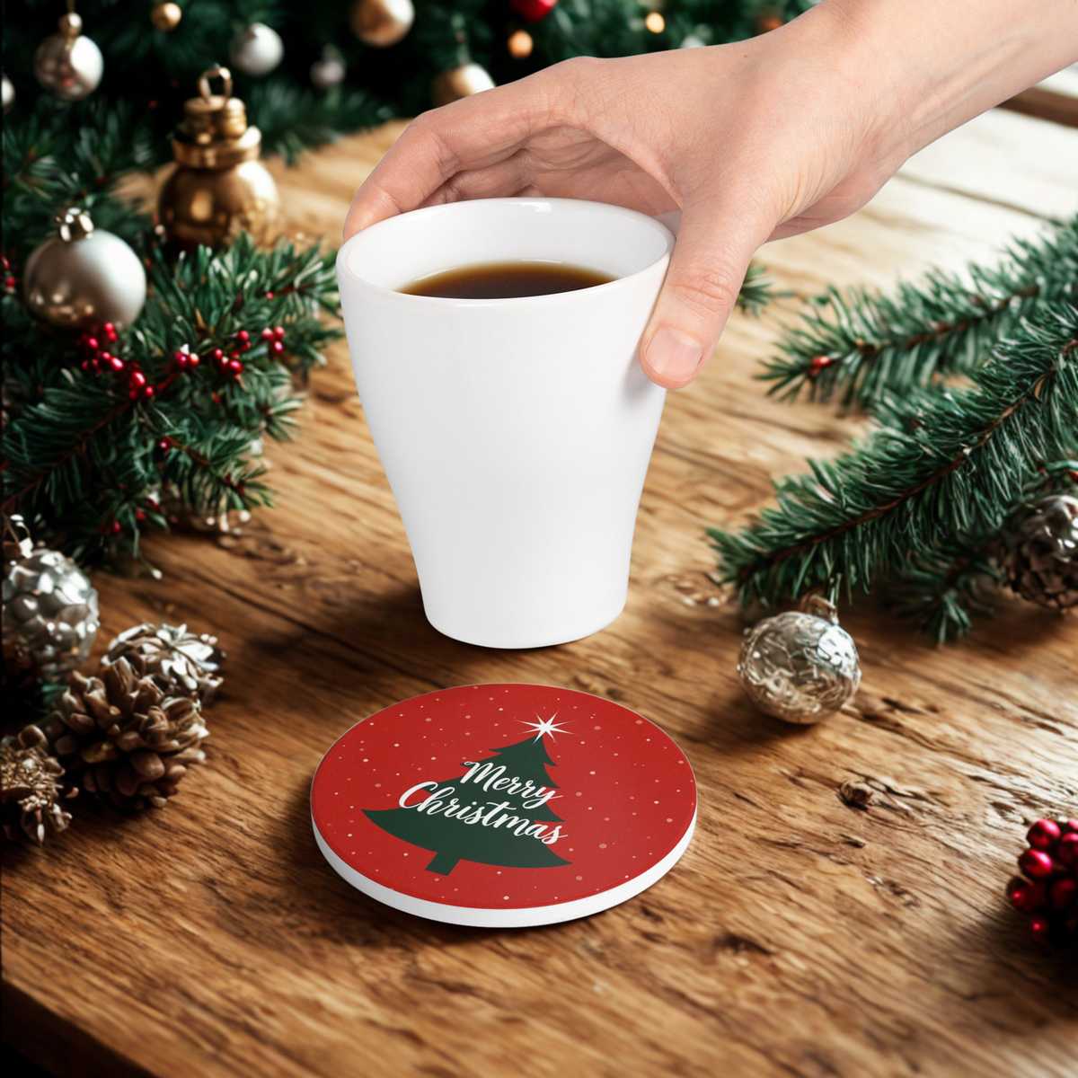 Christmas Tree Ceramic Coaster — "Merry Christmas" Holiday Drink Coaster