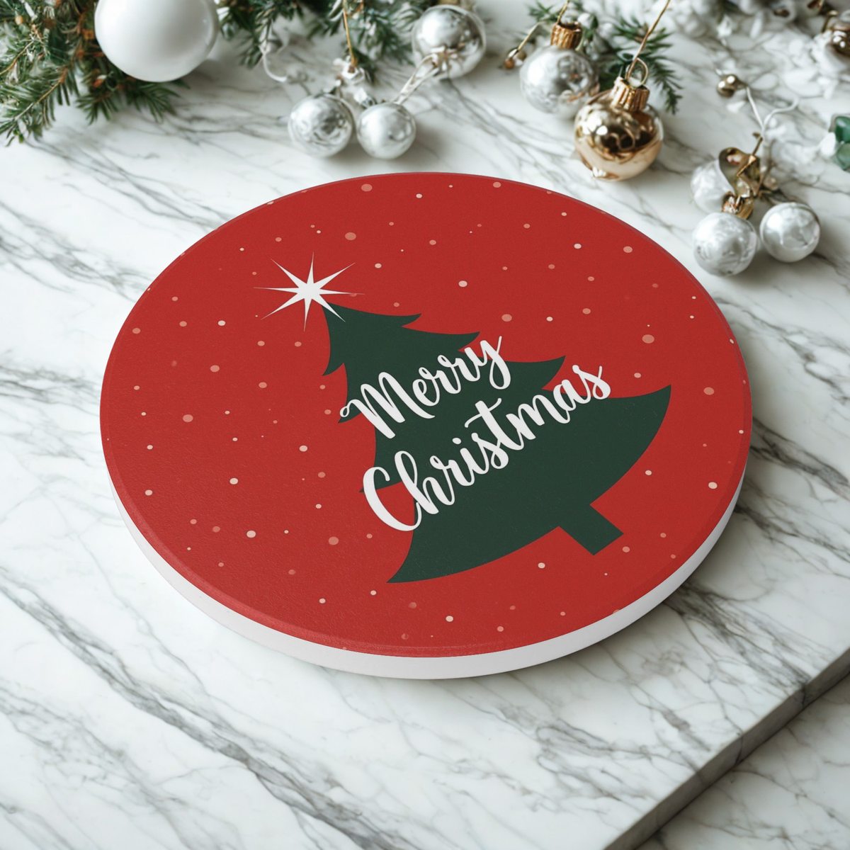 Christmas Tree Ceramic Coaster — "Merry Christmas" Holiday Drink Coaster