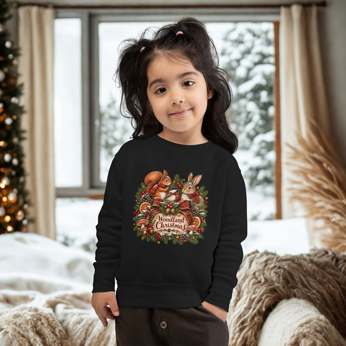 Woodland Christmas Toddler Sweatshirt — Cute Squirrel & Bunny Holiday Pullover