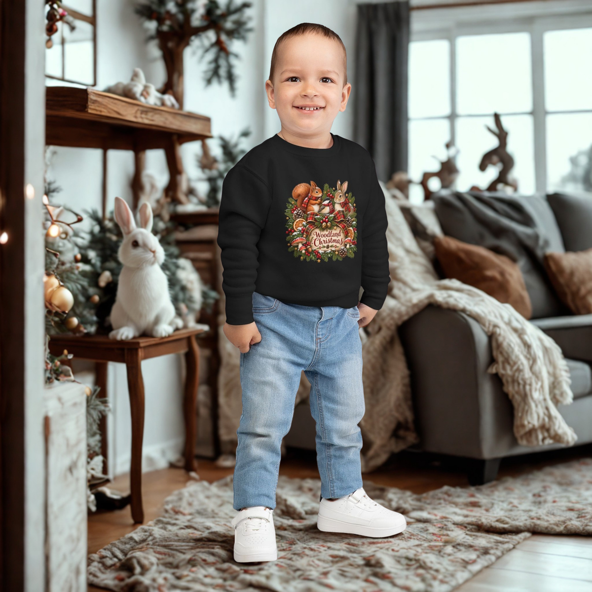 Woodland Christmas Toddler Sweatshirt — Cute Squirrel & Bunny Holiday Pullover