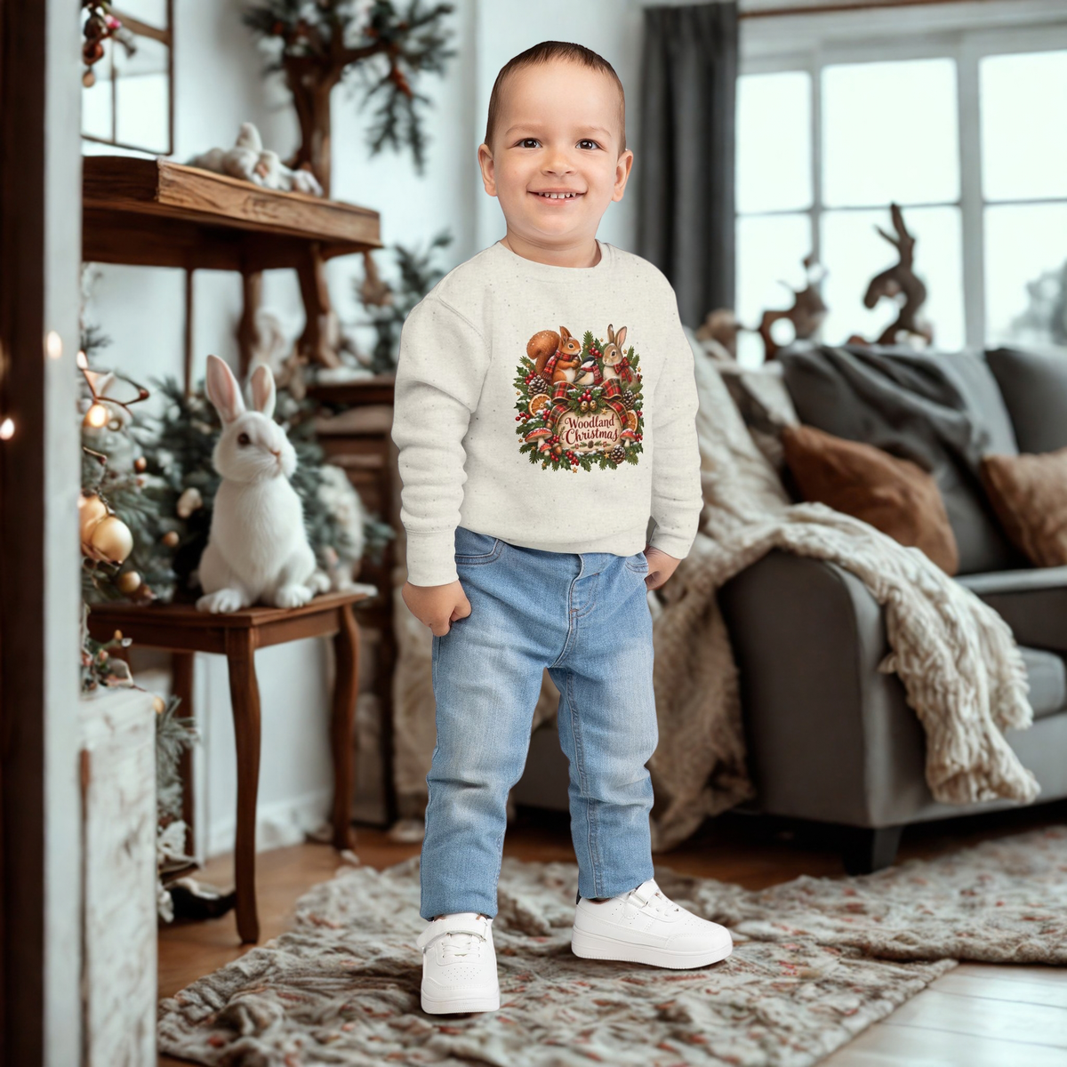Woodland Christmas Toddler Sweatshirt — Cute Squirrel & Bunny Holiday Pullover