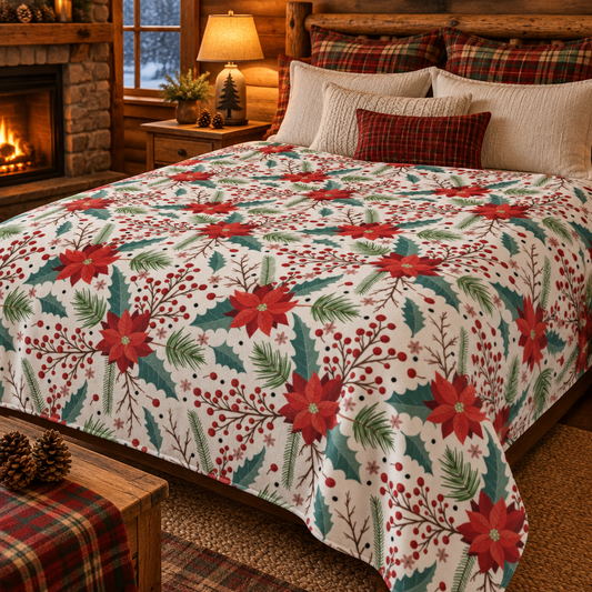 Poinsettia Holiday Fleece Sherpa Blanket - Cozy Christmas Throw with Festive Red & Green Floral Pattern