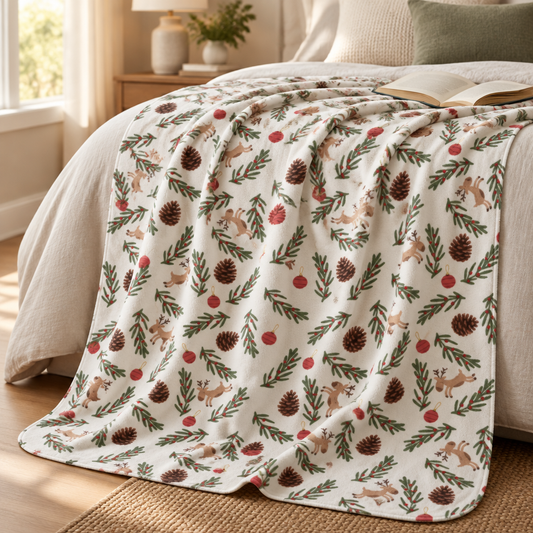 Holiday Pinecone Fleece Sherpa Blanket - Cozy Christmas Cabin Throw