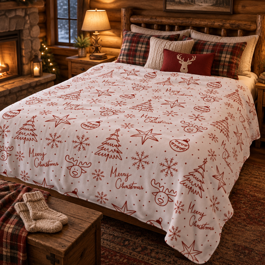 Christmas Fleece Sherpa Blanket - Red Doodle Trees, Reindeer & "Merry Christmas" Pattern