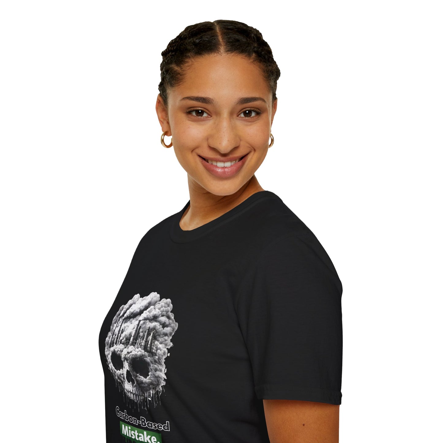 Carbon-Based Mistake Skull T-Shirt — Dark Humor Graphic Tee for Earth Day