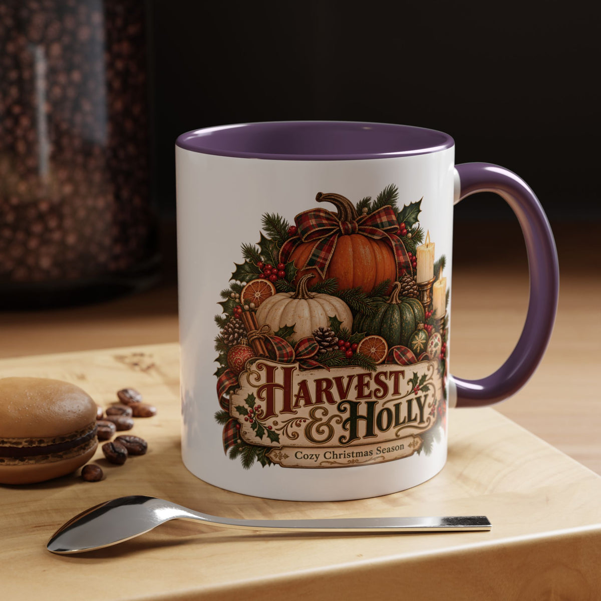 Harvest & Holly Accent Coffee Mug - Vintage Christmas Holiday Mug (11 oz)