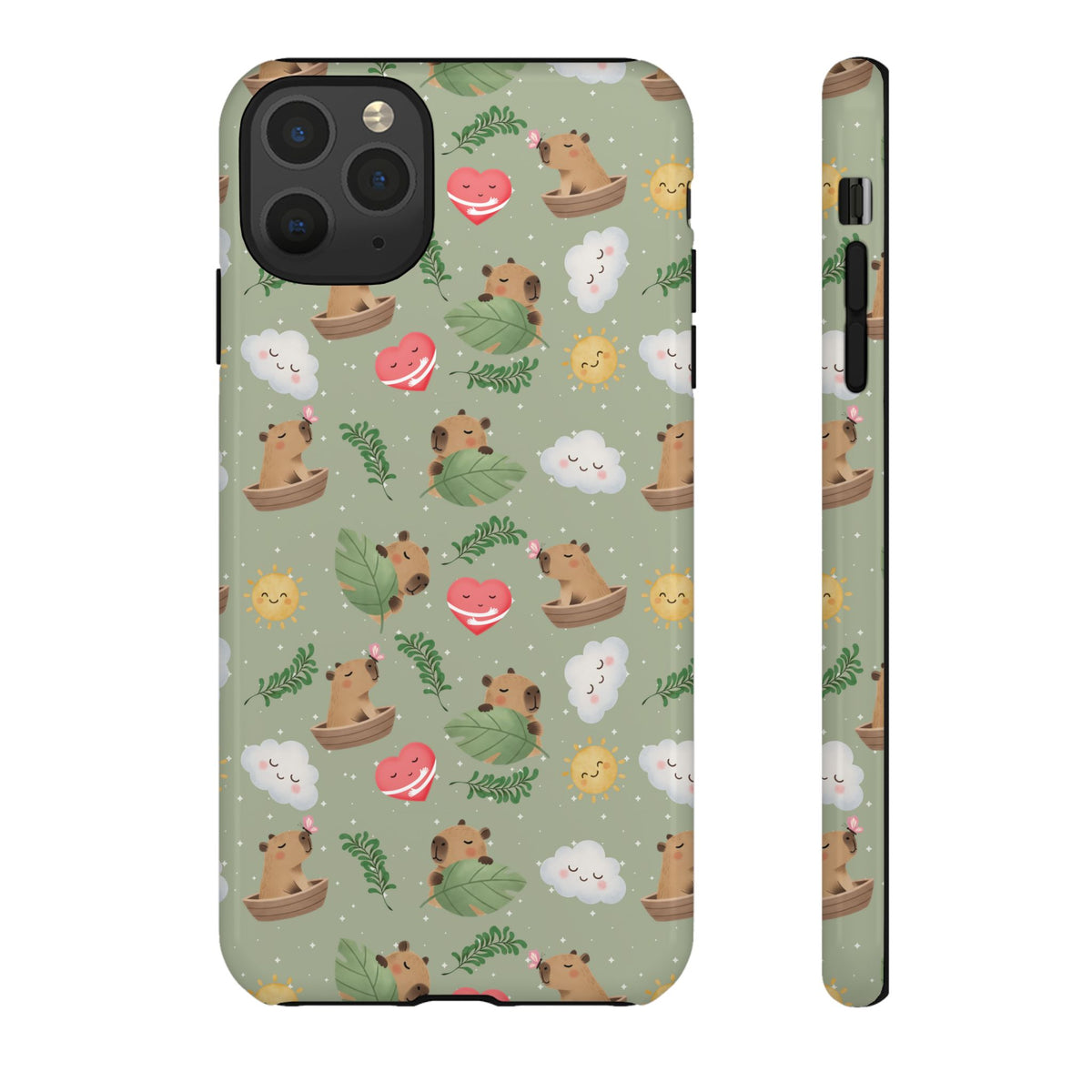 Cute Capybara Pattern Phone Case — Green Botanical Tough Case