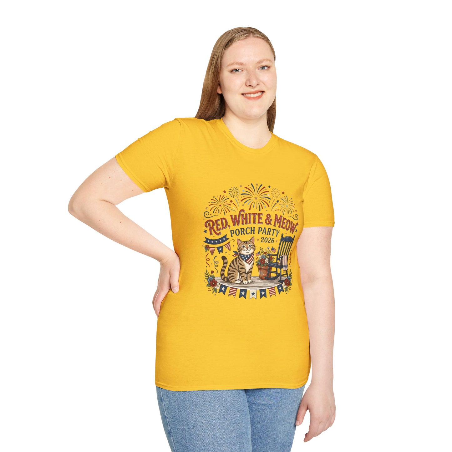 Red, White & Meow Porch Party T-Shirt — 2026 Patriotic Cat Tee, 4th of July Shirt, Independence Day Gift