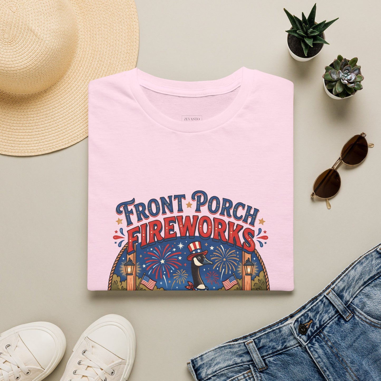 Front Porch Fireworks, Goose T-Shirt — Patriotic 4th of July Celebration Tee