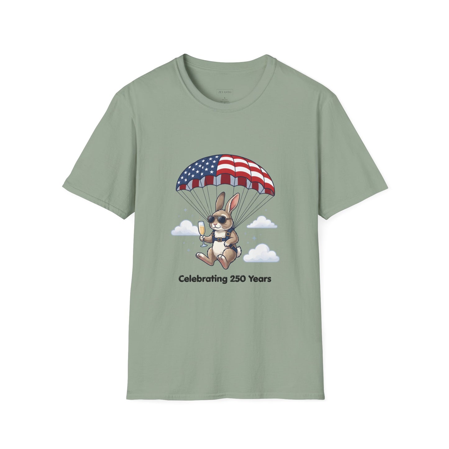 Patriotic Parachuting Bunny T-Shirt — "Celebrating 250 Years"