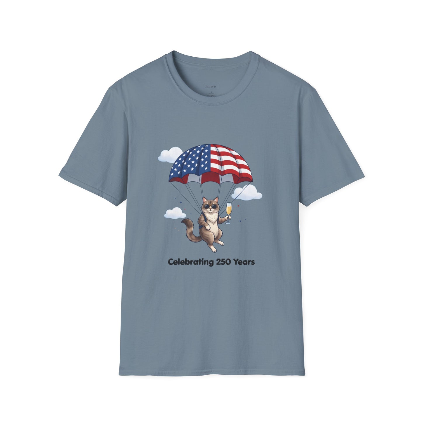 Patriotic Cat Parachute T-Shirt — "Celebrating 250 Years" 4th of July Tee