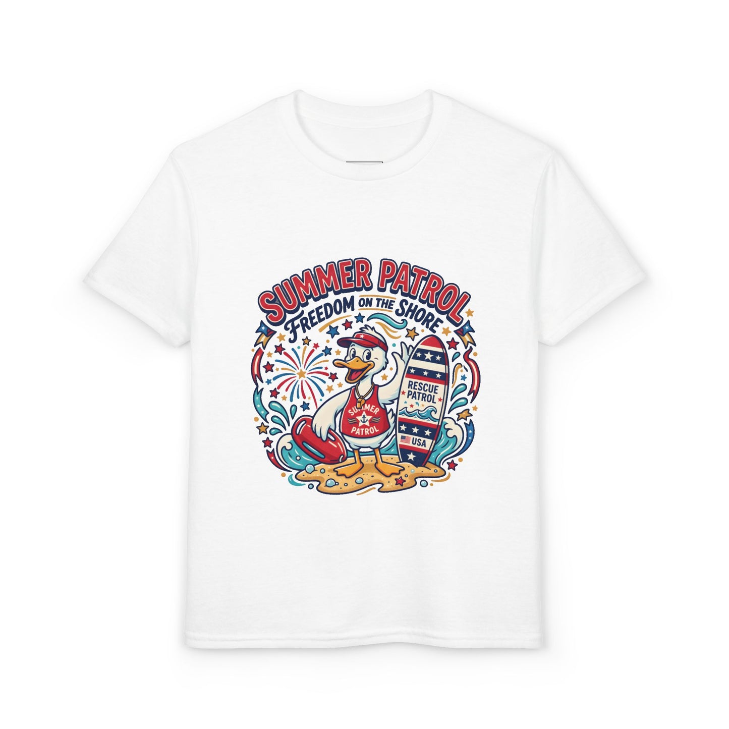 Summer Patrol Kids T‑Shirt — Lifeguard Duck Beach Graphic, 4th of July Tee