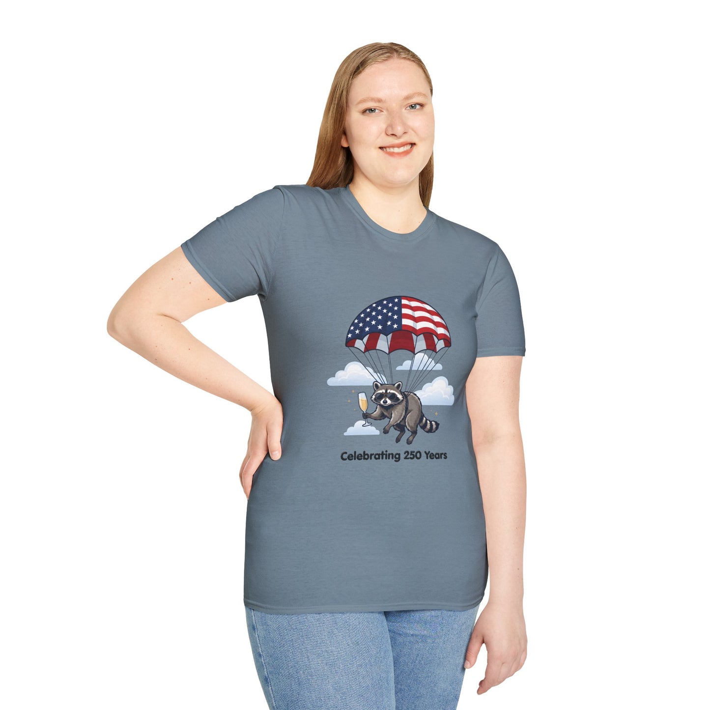 Patriotic Parachuting Raccoon T-Shirt — "Celebrating 250 Years"