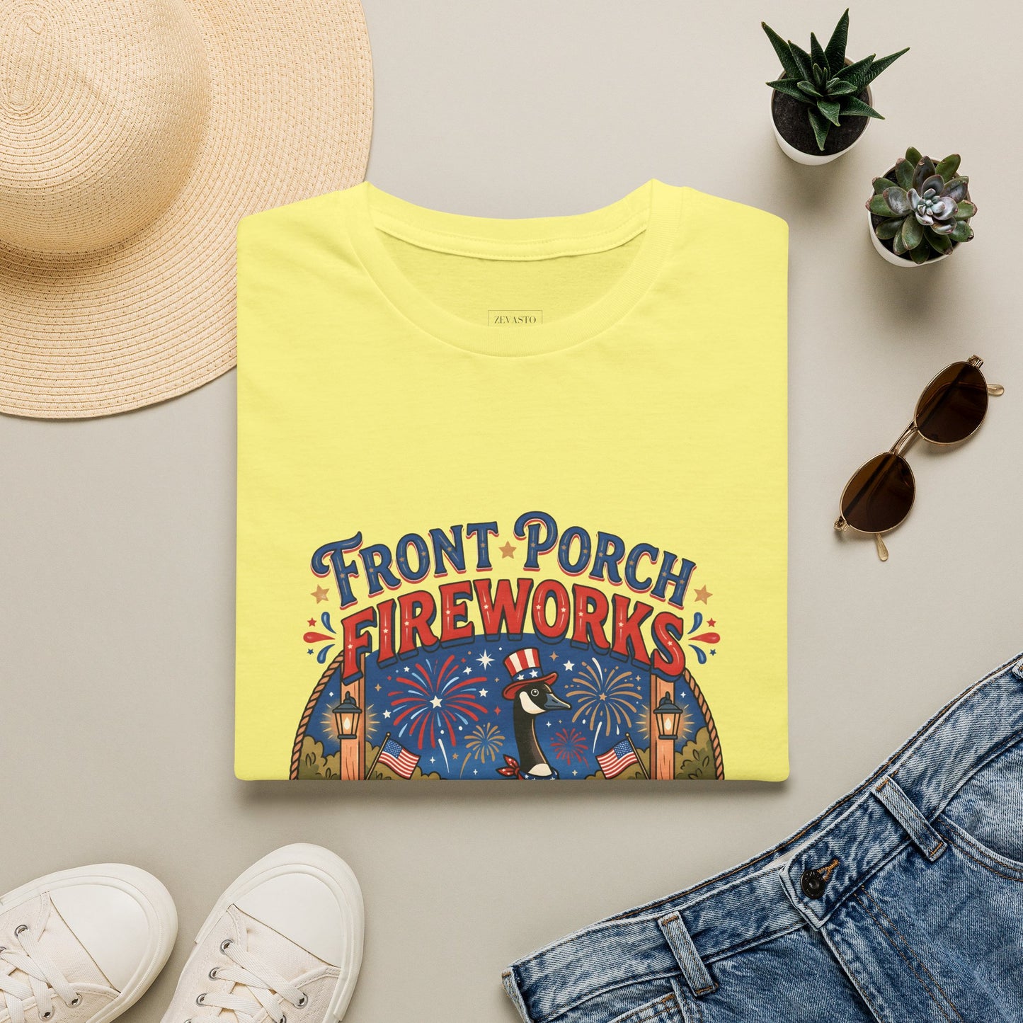 Front Porch Fireworks, Goose T-Shirt — Patriotic 4th of July Celebration Tee