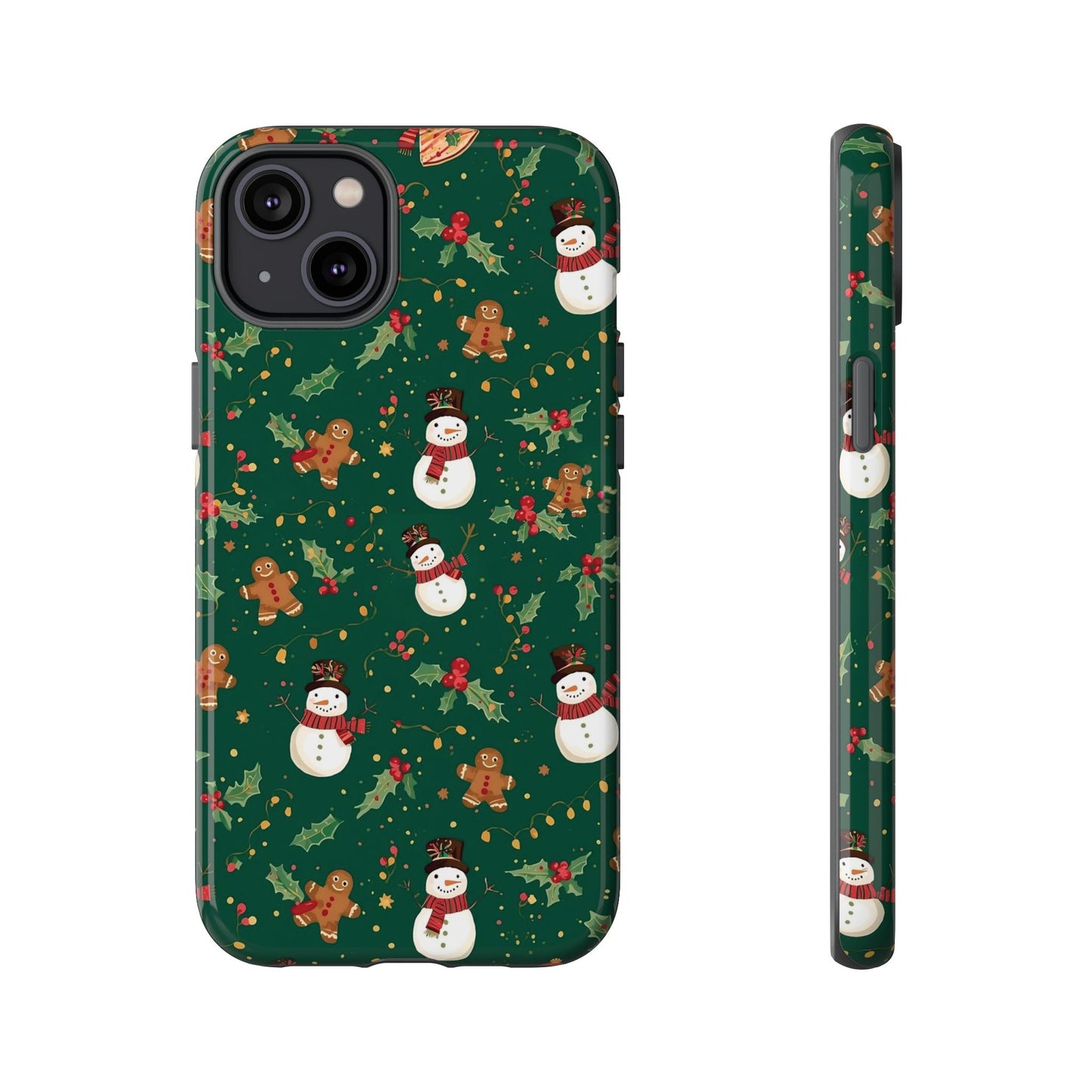 Christmas Phone Case with Snowmen and Gingerbread Design, Dual Layer Phone Case for Iphone 17, 16, 15, 14, 13, 12, 11 & Samsung
