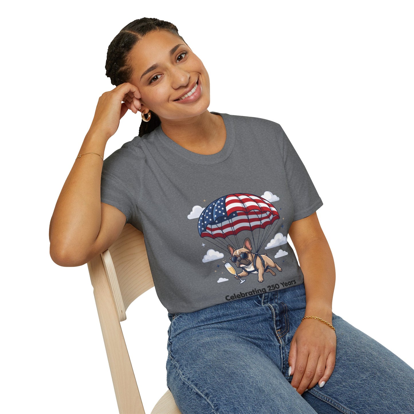 Patriotic French Bulldog T-Shirt — "Celebrating 250 Years" Parachute Design