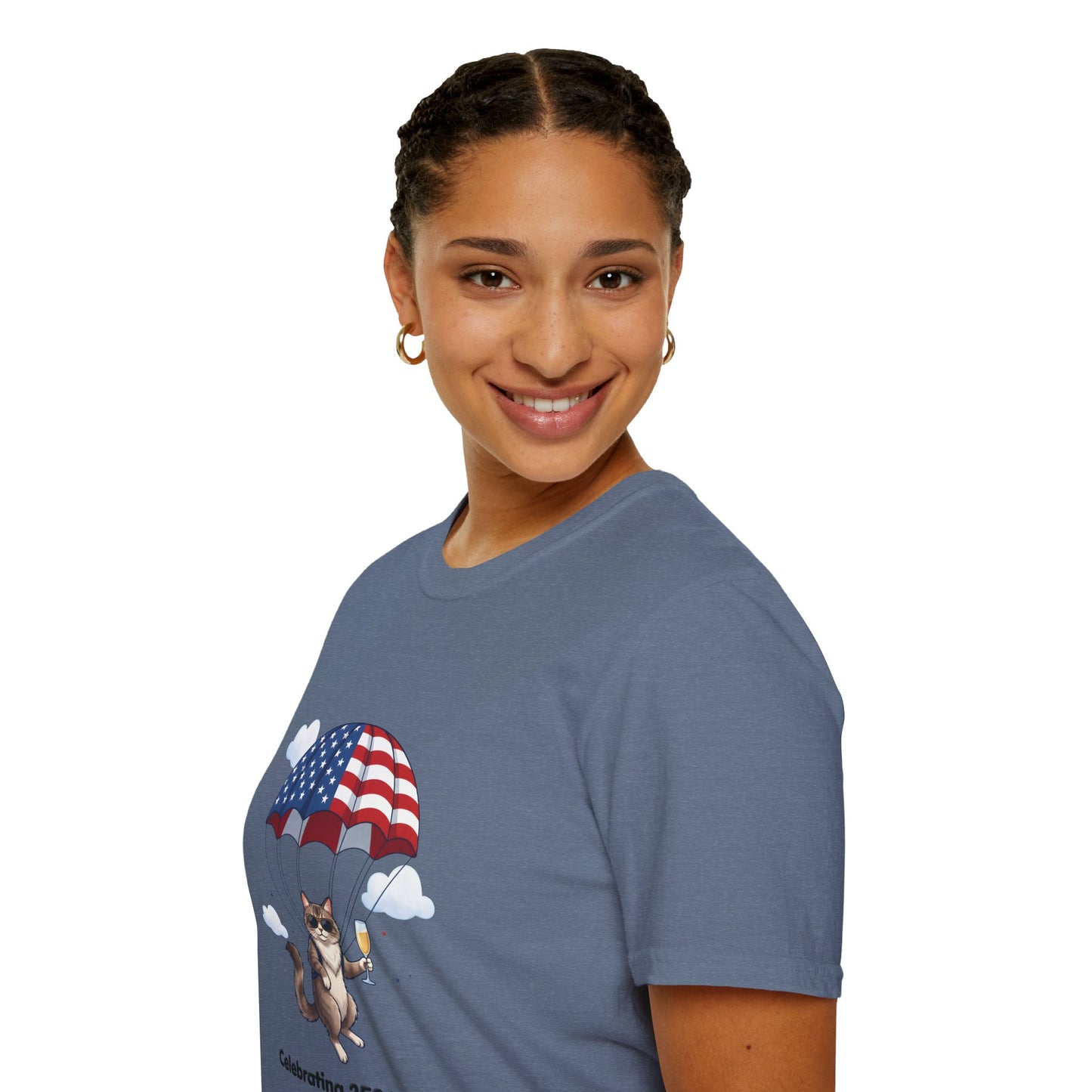 Patriotic Cat Parachute T-Shirt — "Celebrating 250 Years" 4th of July Tee
