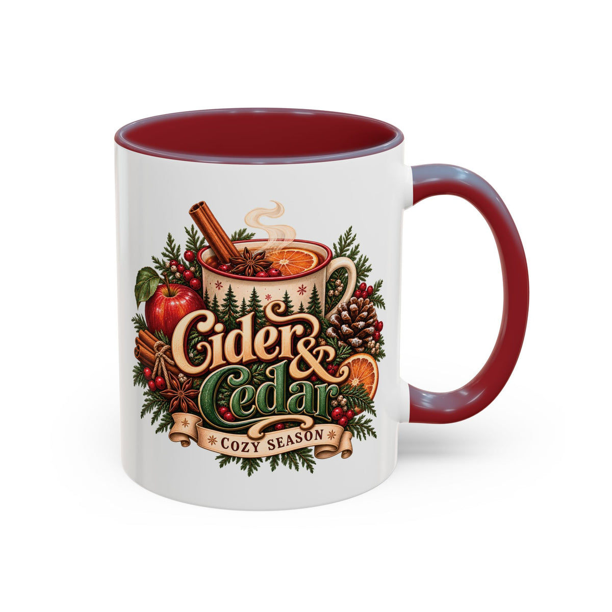 Cider & Cedar Accent Coffee Mug — Cozy Fall Hot Drink Gift (11 oz)