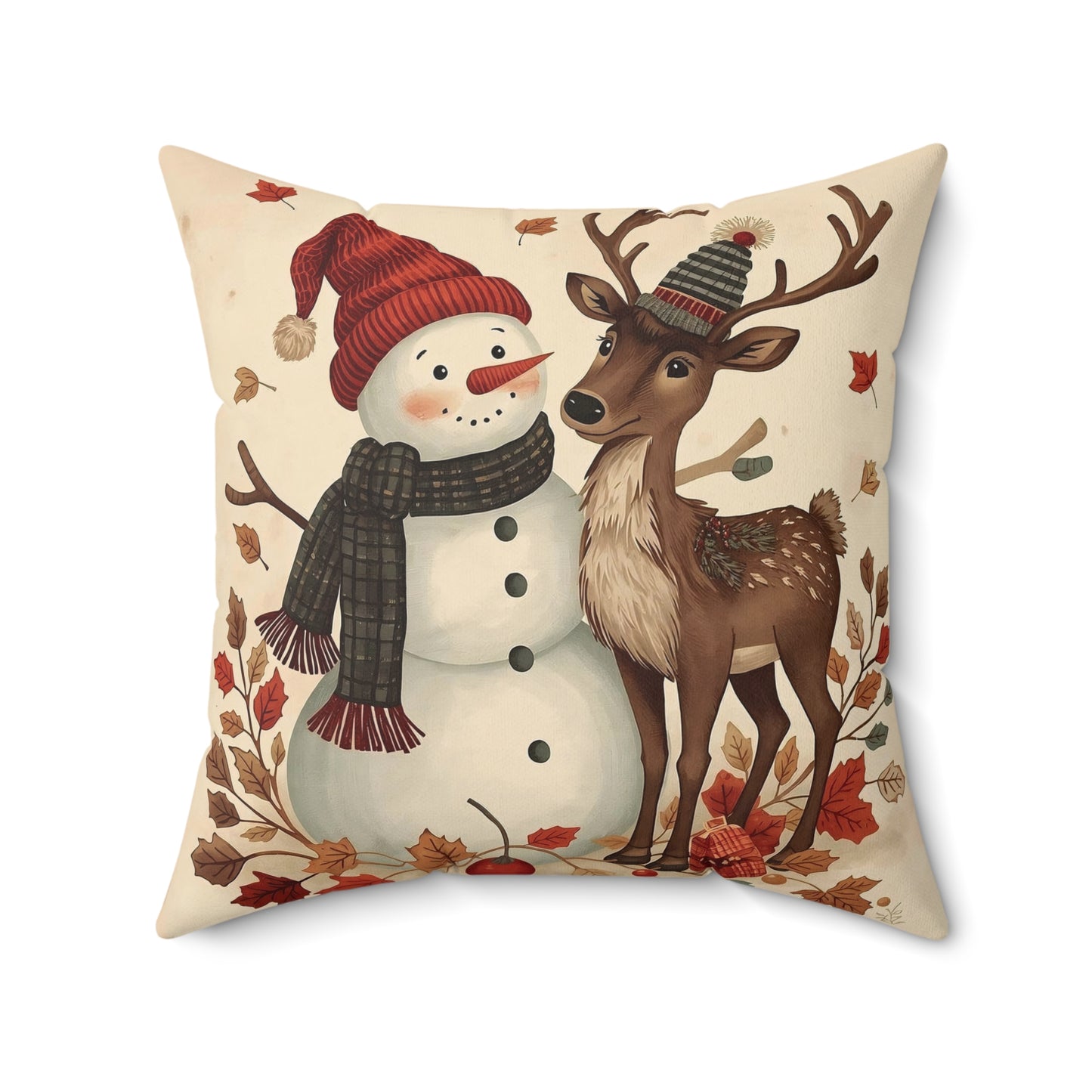 Festive Snowman & Reindeer Holiday Pillow — Cozy Christmas Decorative Throw Pillow