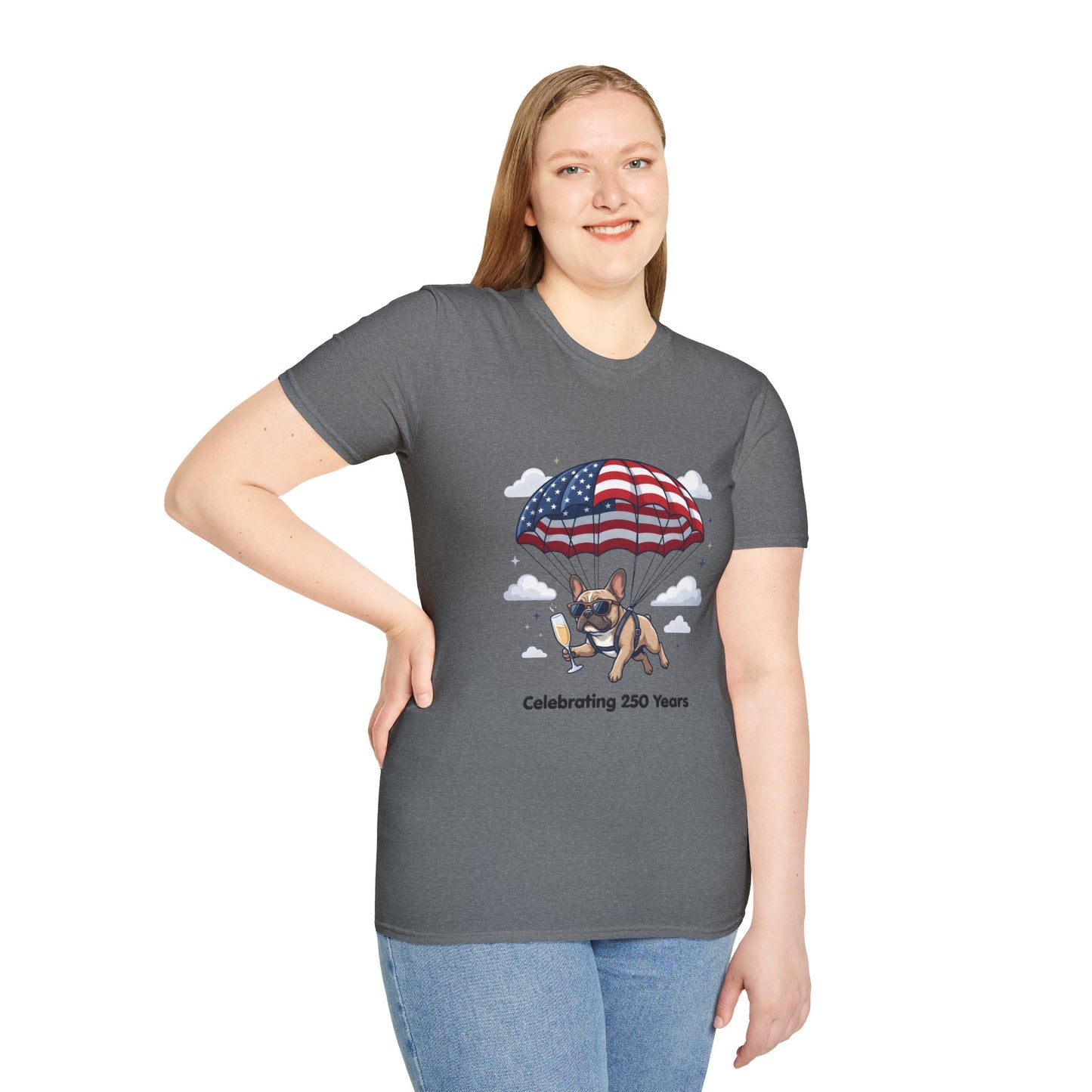 Patriotic French Bulldog T-Shirt — "Celebrating 250 Years" Parachute Design