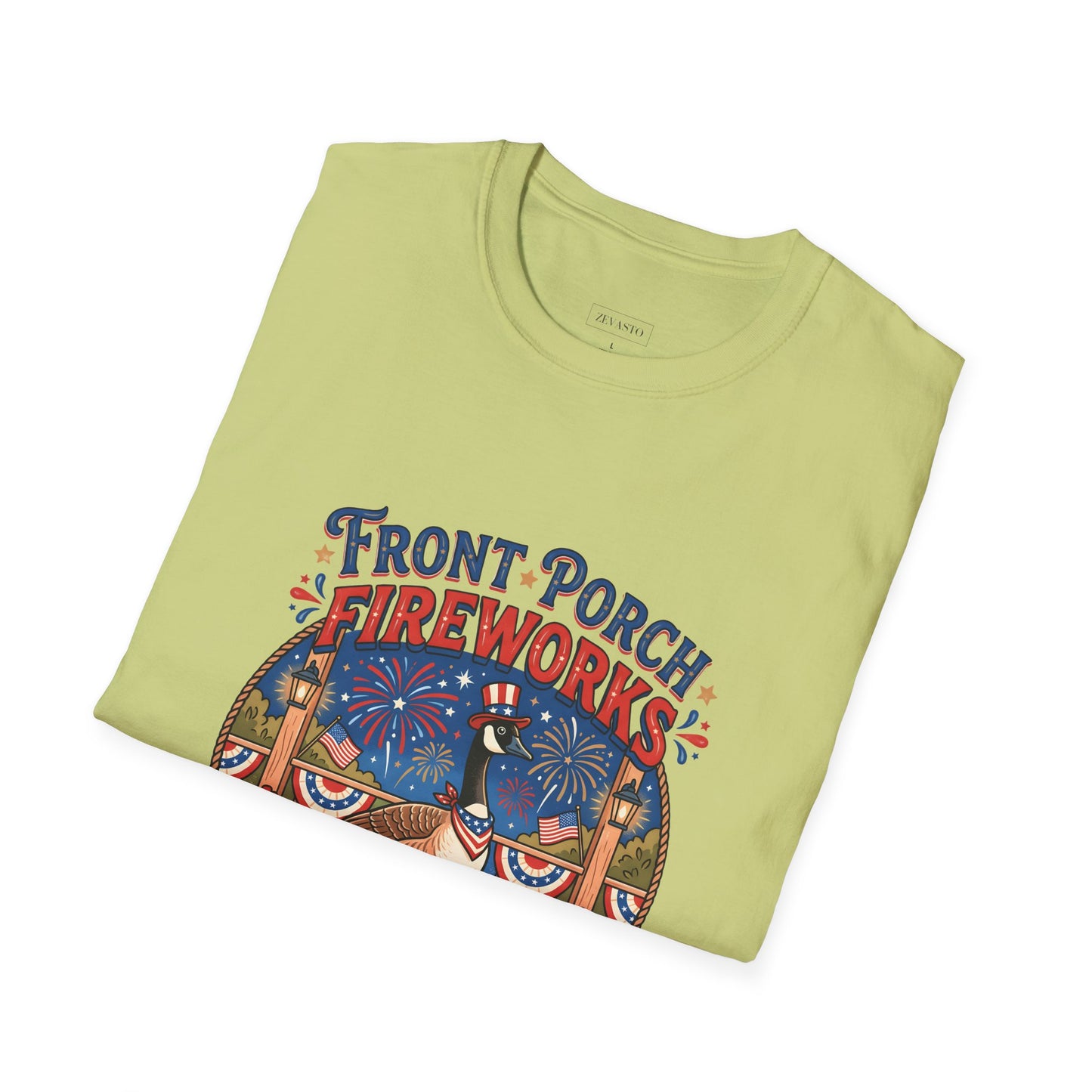 Front Porch Fireworks, Goose T-Shirt — Patriotic 4th of July Celebration Tee