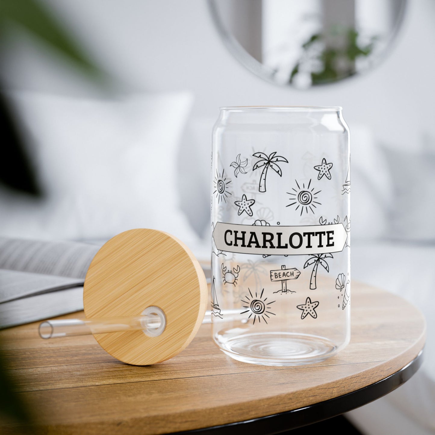 Personalized Beach Pattern Sipper Glass – 16oz Tumbler with Straw (Custom Name)
