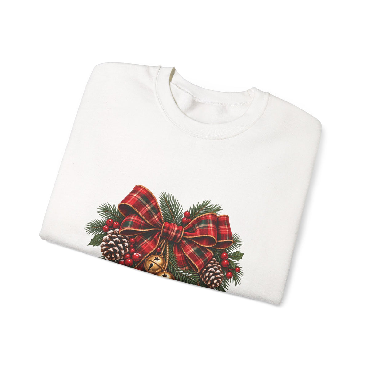 Christmas Plaid Bow Sweatshirt - Holiday Pinecone & Jingle Bells Crewneck