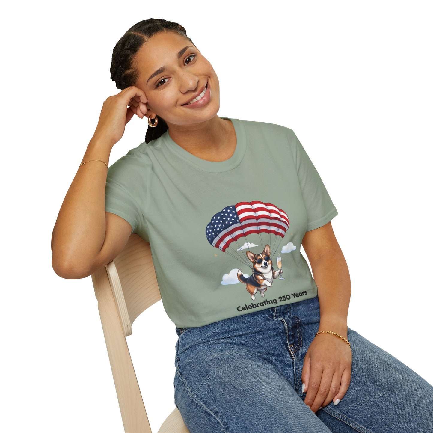 Corgi Parachute American Flag T-Shirt — "Celebrating 250 Years" Patriotic Tee