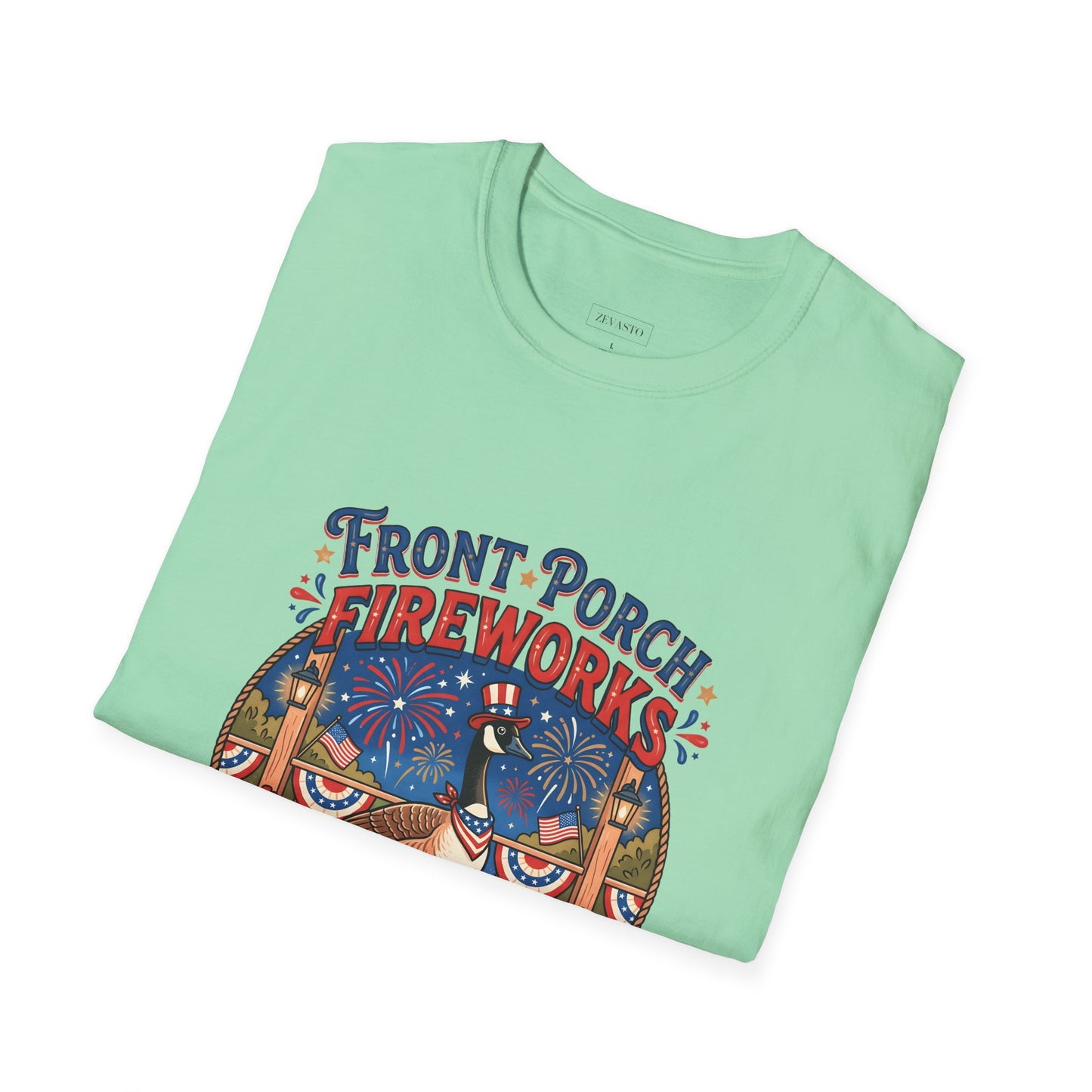 Front Porch Fireworks, Goose T-Shirt — Patriotic 4th of July Celebration Tee