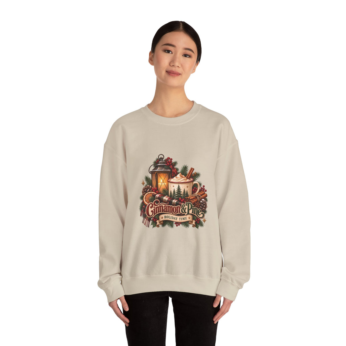 Cinnamon & Pine Crewneck Sweatshirt — Cozy Holiday Lantern Design Sweatshirt