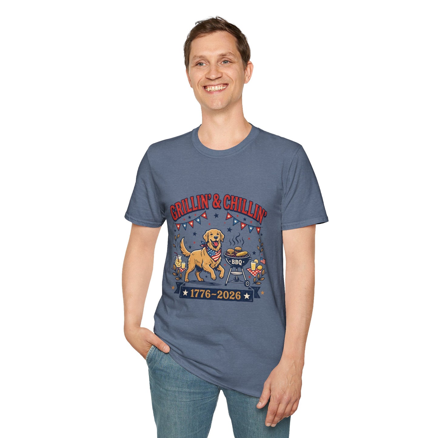Grillin' & Chillin' BBQ Dog T-Shirt — 1776-2026 Patriotic Summer Tee, 4th of July Shirt, Independence Day Tee