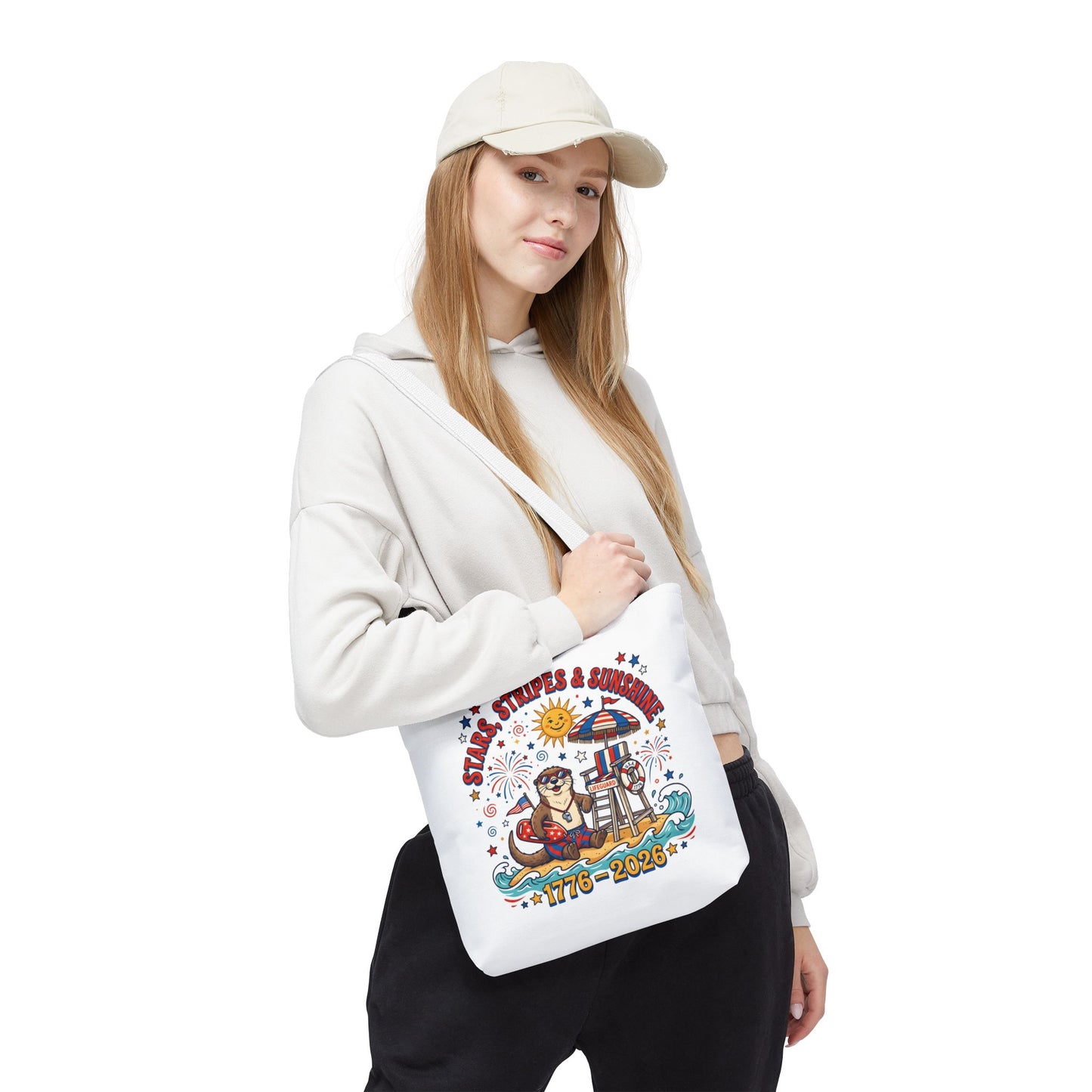 Stars, Stripes & Sunshine Tote Bag — 1776–2026 Patriotic Summer Beach Tote, 4th of July Tote