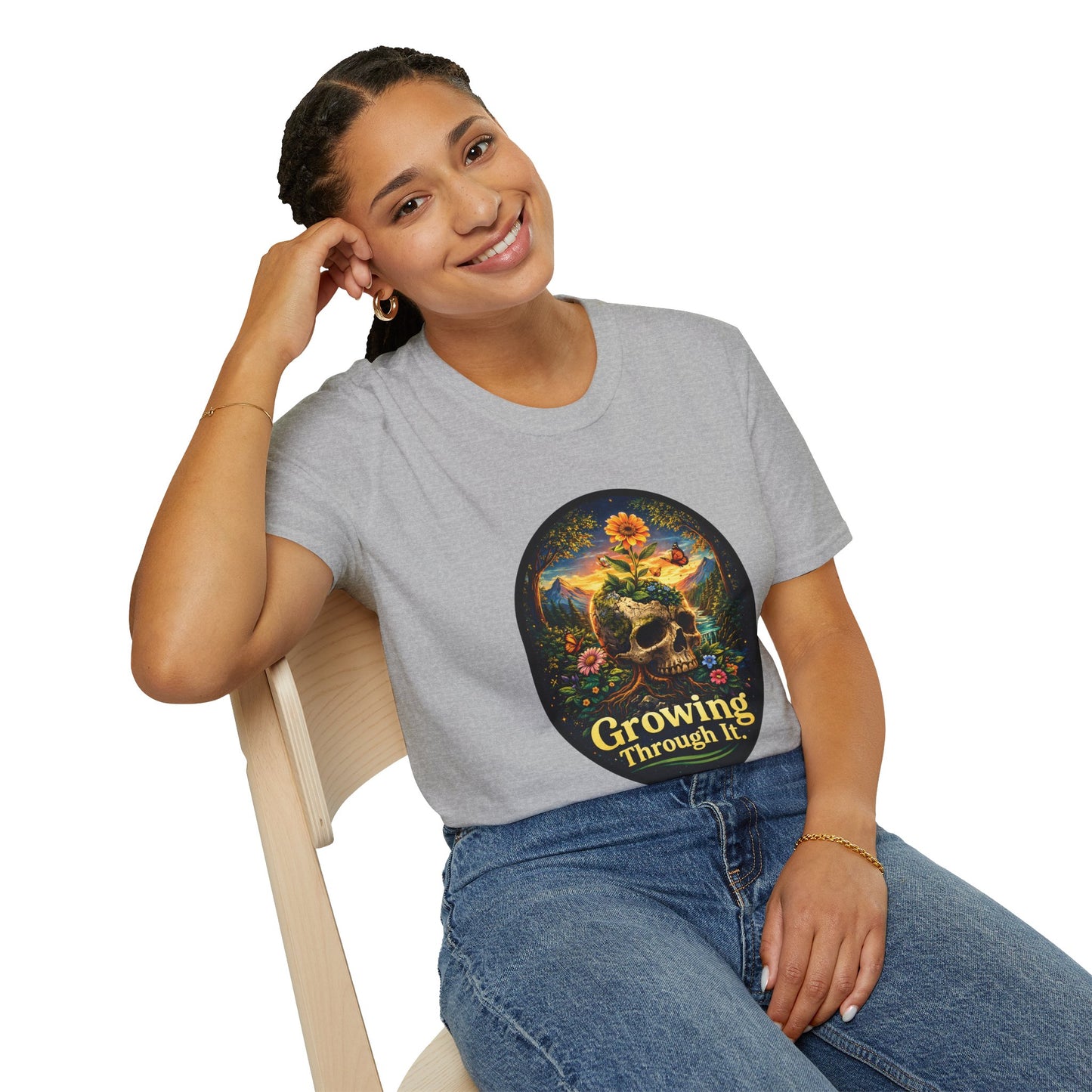 Growing Through It T-Shirt – Earth Day Nature Skull Graphic Tee | Mental Growth & Healing Shirt | Botanical Aesthetic Unisex Tee
