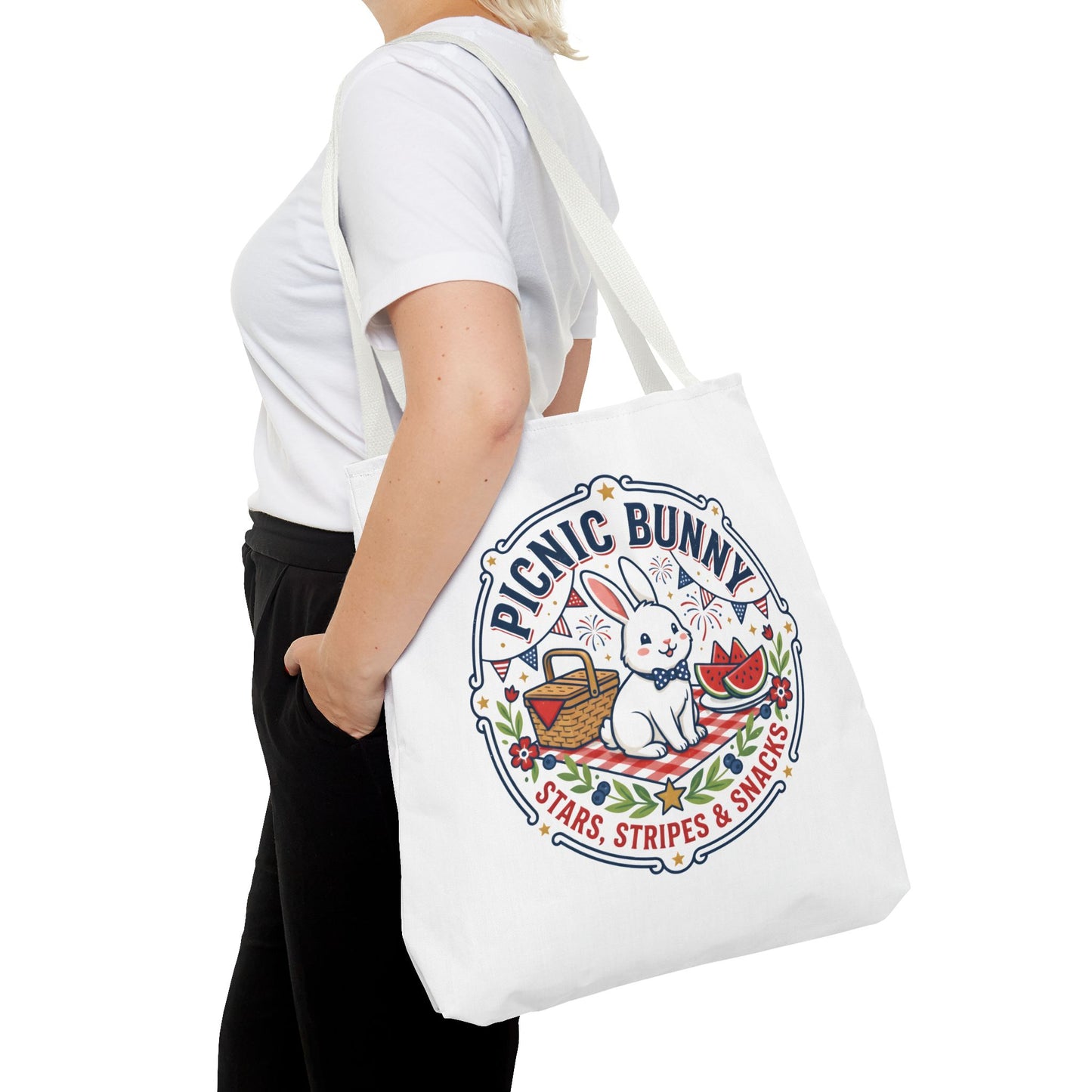 Patriotic Picnic Bunny Tote Bag — ‘Stars, Stripes & Snacks’ Cute Rabbit Picnic Tote, 4th of July Tote