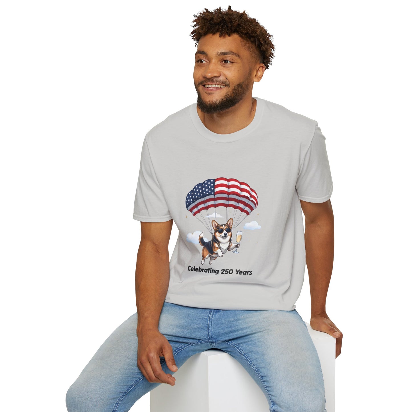 Corgi Parachute American Flag T-Shirt — "Celebrating 250 Years" Patriotic Tee