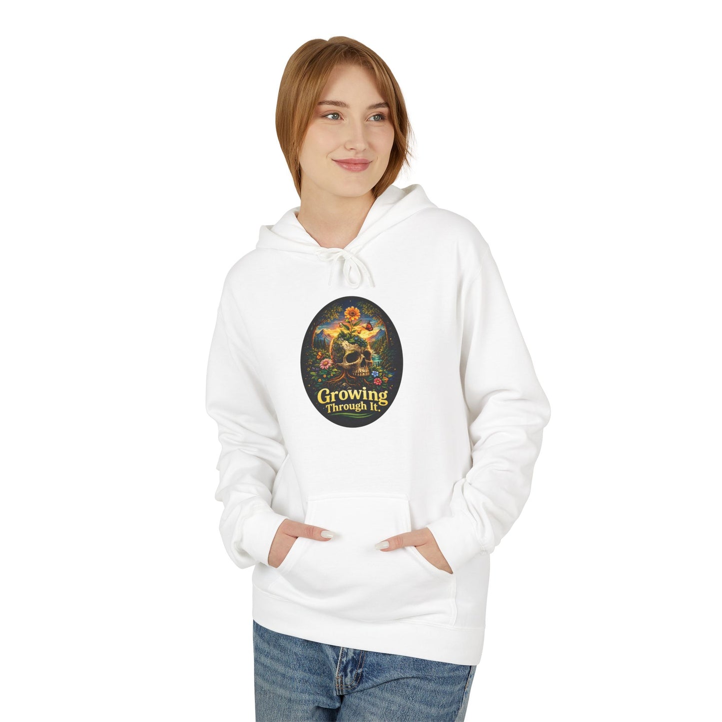 Growing Through It Hoodie – Earth Day Nature Skull Sweatshirt | Mental Growth & Healing Hoodie | Botanical Aesthetic Unisex Hoodie