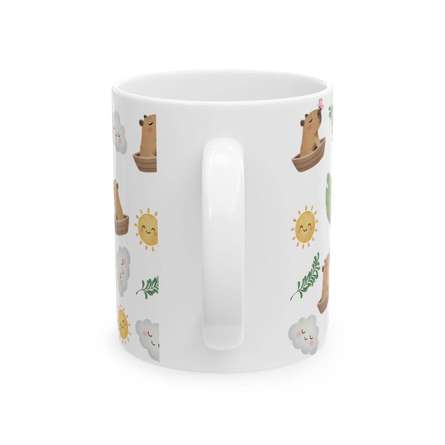 Cute Capybara Pattern Ceramic Mug — Whimsical Sun, Clouds & Leaf Design (11oz)