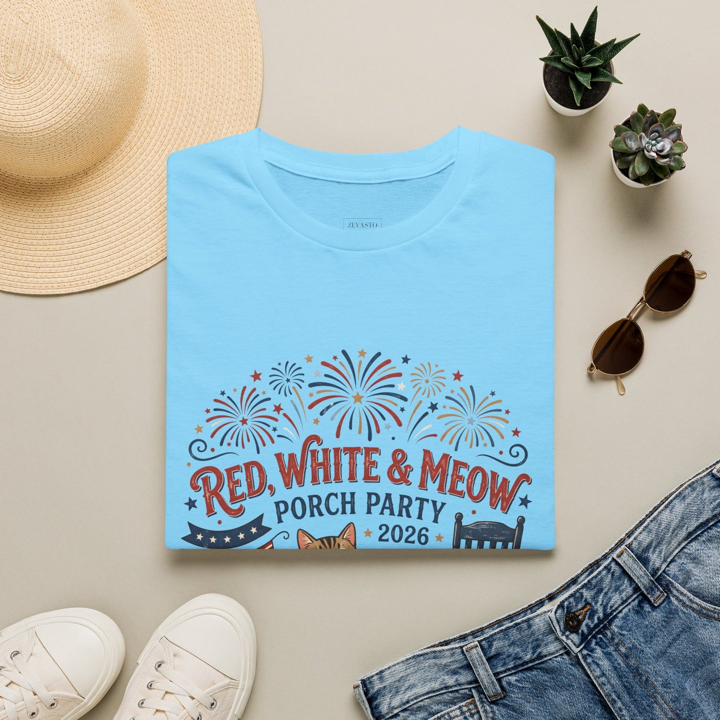 Red, White & Meow Porch Party T-Shirt — 2026 Patriotic Cat Tee, 4th of July Shirt, Independence Day Gift