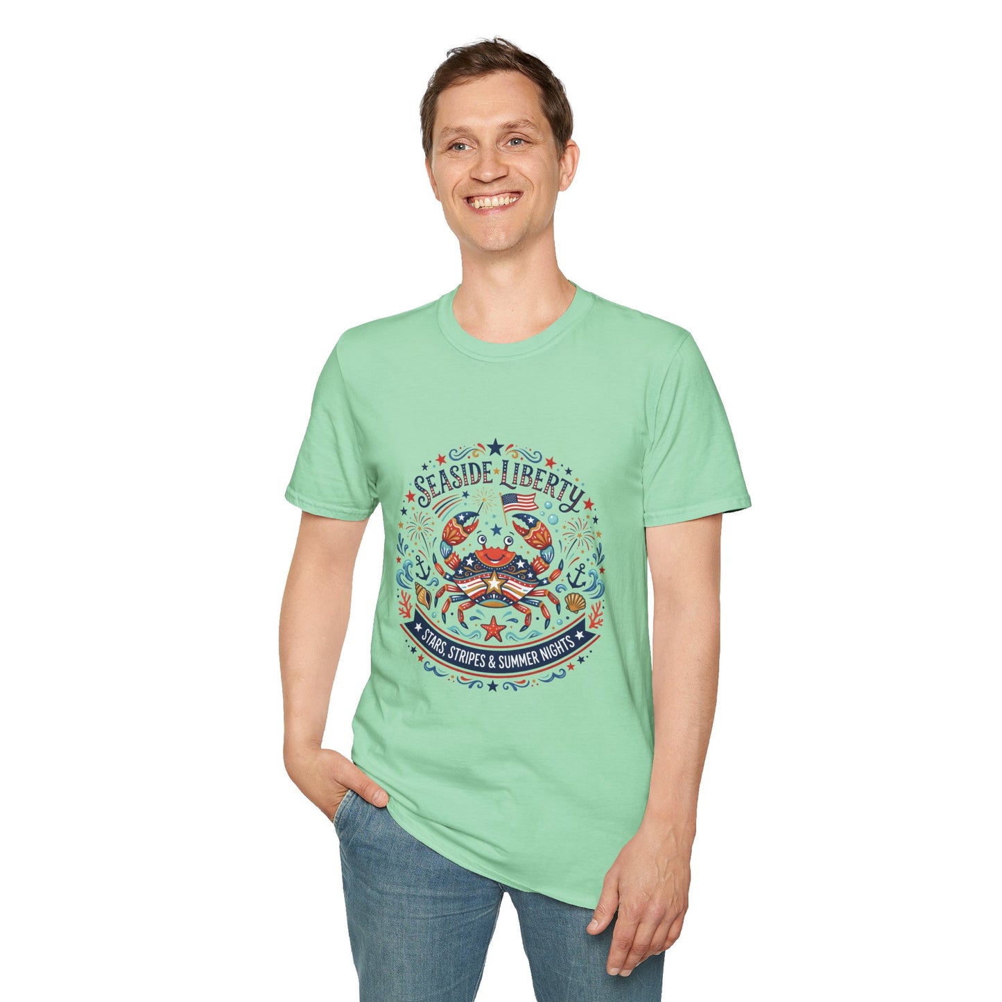 Seaside Liberty Crab T-Shirt — 4th of July Patriotic Summer Beach Tee