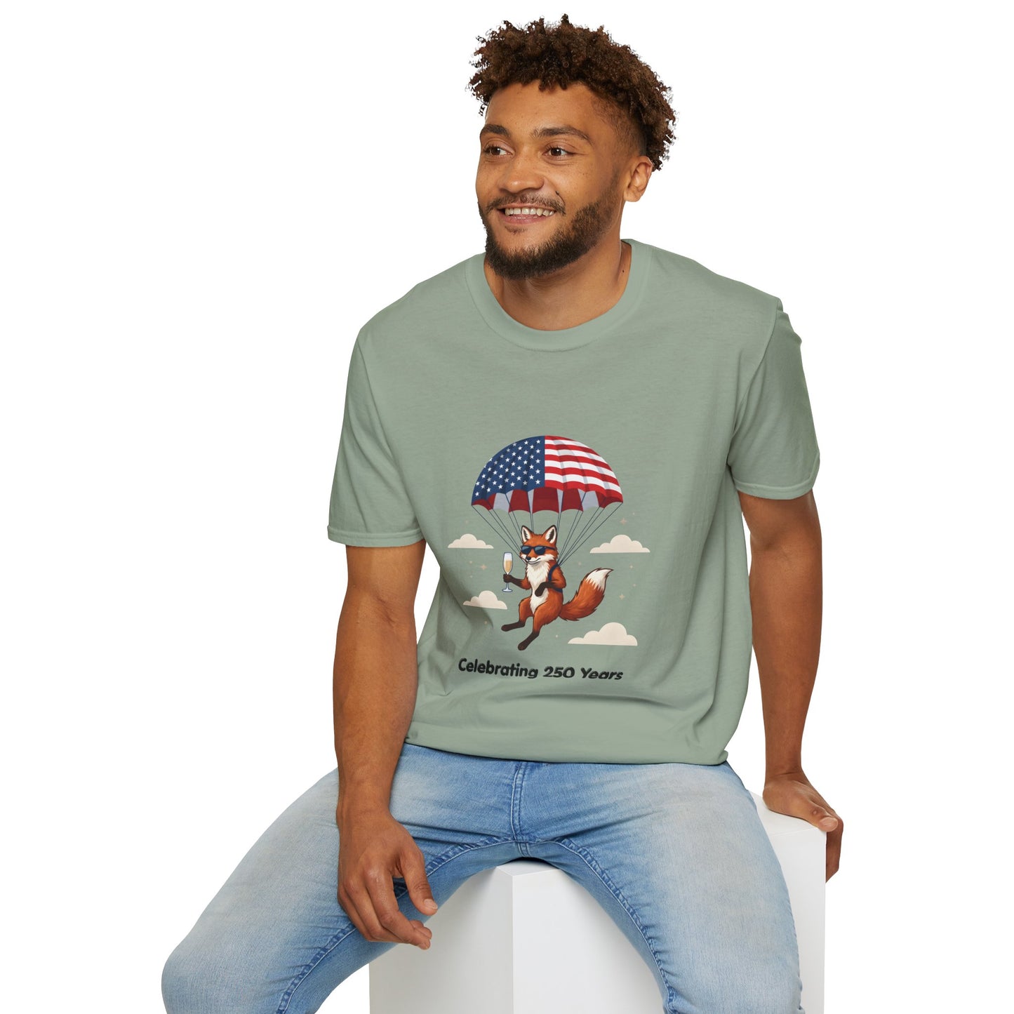 Patriotic Fox Parachute T-Shirt — "Celebrating 250 Years" Anniversary Tee