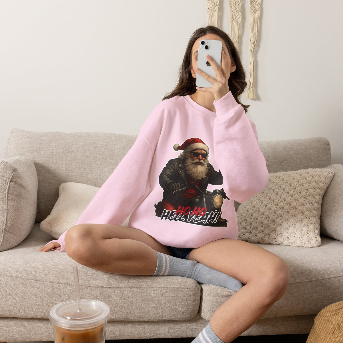 Santa Biker Crewneck Sweatshirt – 'Ho Ho Hell Yeah' Christmas Motorcycle Pullover